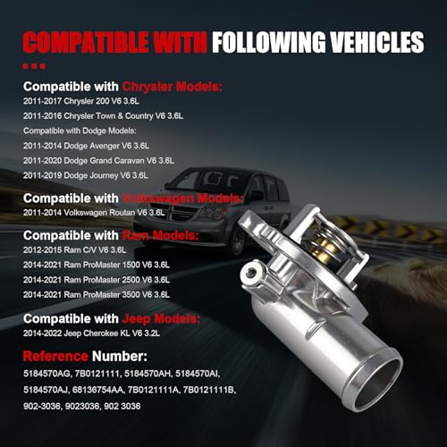 Upgrade Aluminium Engine Coolant Thermostat Housing Assembly Compatible with Jeep Cherokee 2014-2022,Dodge Grand Caravan 2011-2020/Journey/Avenger,Chrysler 200/Ram & Volkswagen,Replaces#5184651AG - size: 5184570AG