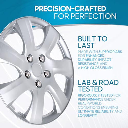 BDK (Set of 4) 16" Inch Rims Hubcaps Automotive Car Wheel Hub Caps Wheel Covers, Snap-On Direct OEM Replacement Toyota, Honda, Nissan, Ford, Mazda, Chevrolet, Kia, Hyundai, Volvo, BMW - 7 Spokes - color: Silver Classic