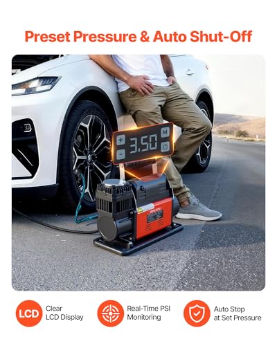 VEVOR 12V Heavy Duty Air Compressor, Auto-Stop Portable Tire Inflator with LCD Digital Display, 7.14 CFM 150PSI Offroad Air Pump with Adapters for Trucks Car SUV 4 x 4 Vehicle RV - style: 7.14 CFM Auto-Stop