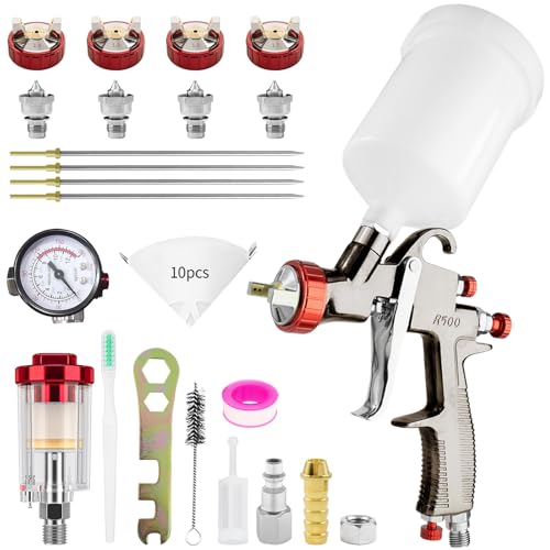 R500 LVLP Spray Gun, Air Spray Gun with 1.3/1.5/1.7/2.0mm Nozzles & Air Regulator Paint Gun Sprayer, LVLP Automotive Paint Gun for Car, House Painting, Furniture, Fence, Primers, Varnish& Top Coat - color: Plastic Cup 1.3/1.5/1.7/2.0mm Kits