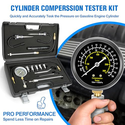 BETOOLL 14pcs Compression Tester with Spark Plug Tester & Brake Fluid Liquid Tester Pen - 300PSI Engine Cylinder Compression Gauge Automotive Tool - size: Premium