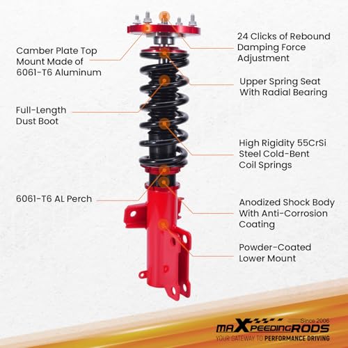 maXpeedingrods Coilovers for Ford Mustang 2005-2014, 24 Levels Adjustable Damper Coilovers Suspension Kit, Height Adjuatble Shock Absorber Strut, Lowering Kit Red - color: Red