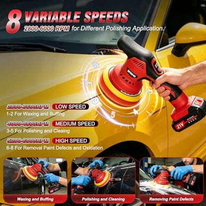 Cordless Car Buffer Polisher Kit (28pcs), 8-Speed 6000RPM, 2X21V Batteries