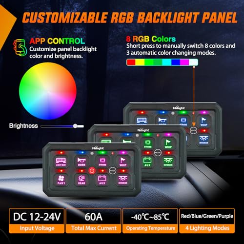 Nilight 8 Gang Switch Panel APP RGB 12V 24V Circuit Control System 4-Mode - color: RGB, size: 8 Gang Switch 4 Modes 2-side Output