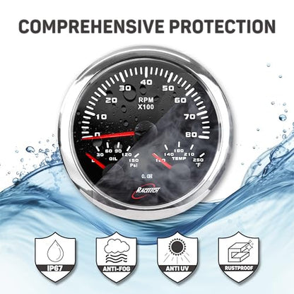 RACETECH 85mm 3in1 Black Tachometer with Black Gauge Cup - Bundle