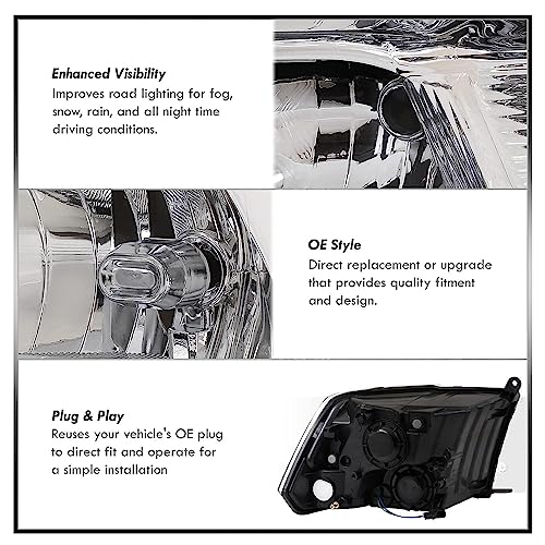 APSVE Clear Headlights Assembly Quad-Hole for 2009-2018 Dodge Ram 1500 - color: Chrome Housing Clear Reflector