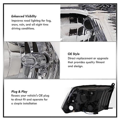 APSVE Clear Headlights Assembly Quad-Hole for 2009-2018 Dodge Ram 1500 - color: Chrome Housing Clear Reflector
