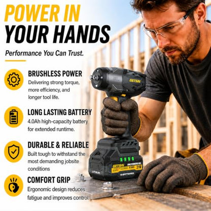1/2 Impact Gun, 1400N.m (1032Ft-lbs) Super High Torque Impact Wrench with 2 x 4.0Ah Batteries, 21V Cordless Brushless Power Pistola Llave De Impacto with 10 Sockets for Car/Pickup Truck/Mower