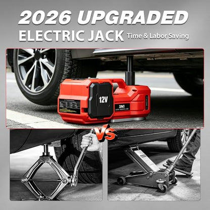 6T Electric Car Jack, 12V Portable Hydraulic Jack with Built-in Inflatable Pump, 550N·m Impact Wrench & LED Light, Lifting Height 6.1-17.7 Inch for SUV/Sedan/Truck/MPV Tire Change & Garage Repair - color: Red