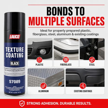 LAUCO Texture Coating Black 14.5 oz Aerosol Spray, Professional Automotive Trim and Bumper Refinisher, Durable Flexible Matte Finish for Plastic, Metal, and Fiberglass Surfaces, Easy Spray Application 57089