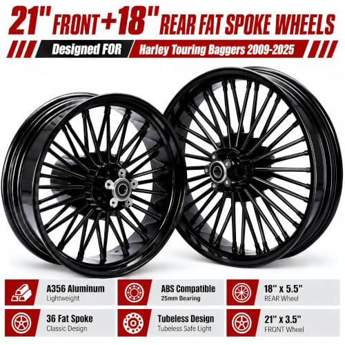 TOFR 21inch 18inch 36 Fat Spoke Wheels Rims For Harley Touring Bagger 09-25 - color: Gloss Black, size: Front:21x3.5 Rear:18x5.5