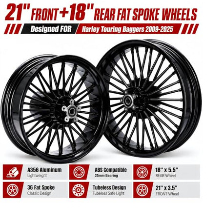 TOFR 21inch 18inch 36 Fat Spoke Wheels Rims For Harley Touring Bagger 09-25 - color: Gloss Black, size: Front:21x3.5 Rear:18x5.5