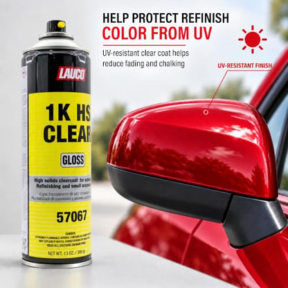LAUCO 1K HS Gloss Clear 13 oz. Automotive Aerosol Spray Paint Can - Acrylic Clear Coat Perfect for Protecting Refinish Color on Small Accessories (1) 57067
