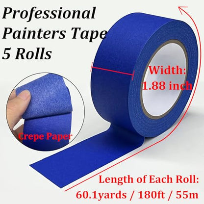 Painters Tape 2 Inch Wide, Masking Tape, Blue Tape, Professional Paint Paper Tape for Multi-Purpose, Artist Painting Tapes, DIY Crafts Arts, Protects Surfaces, Removes Easily, 5 Rolls, 1.88IN x 60.1YD - size: 5 Rolls, 1.88" x 60.1 Yds