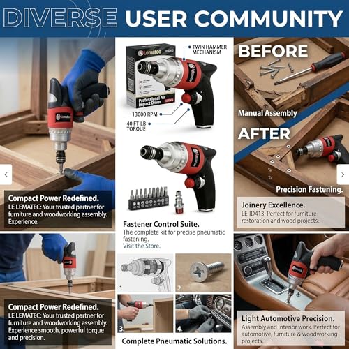 LE LEMATEC Pneumatic Impact Driver 1/4" Mini Air Wrench & Screw Gun
