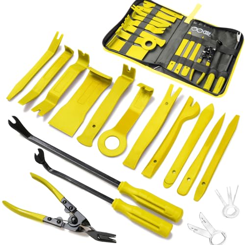 Poraxy 19Pcs Trim Removal Tool,Car Panel Door Audio Trim Removal Tool Kit, Auto Clip Pliers Fastener Remover Pry Tool Set with Storage Bag - color: Yellow