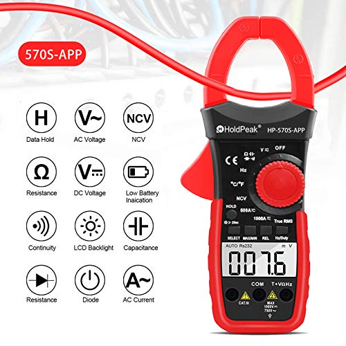 HOLDPEAK Digital Clamp Multimeter Connect with APP via Bluetooth HP-570S-APP Voltage Multimeter with Amp Ohm Tester, 6000 Count with NCV, Auto Range, AC/DC Voltage AC/DC Current,Resistance