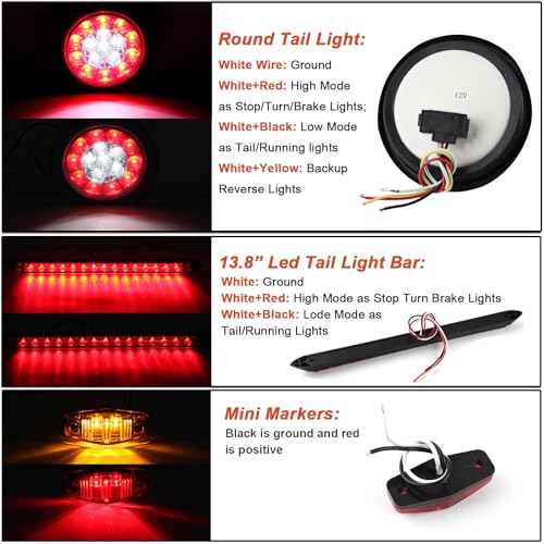4 Inch Round Led Trailer Tail Lights Kit with 13.8" Led 3RD Brake Strip Bar