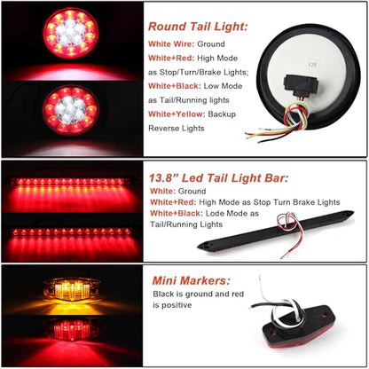 4 Inch Round Led Trailer Tail Lights Kit with 13.8" Led 3RD Brake Strip Bar