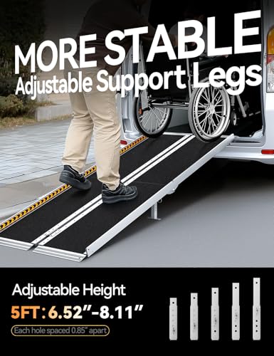 FACHNUO 5FT Portable Wheelchair Ramp for Home Steps, with Support Legs - size: 5FT(Using height 5-15'')