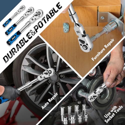DISEN 3-Piece Extendable Flex-Head Ratchet Wrench Set with EVA Storage Case - 1/4", 3/8", 1/2" Drive, 72-Tooth, Rubber Grip, Adjustable Length - Professional Automotive and DIY Tools - color: Extendable Flex-head Ratchet