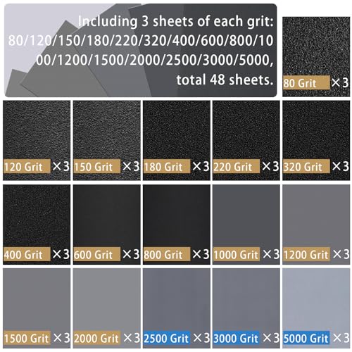 Sandpaper, 48 Sheets, 80-5000 Grit - size: 80-5000 Grit, 48 Sheets, 9 x 3.6 inches