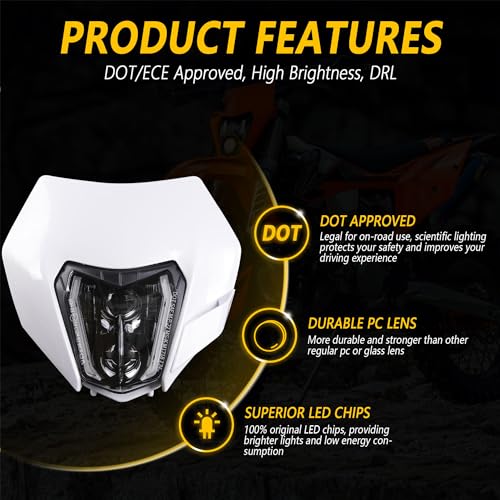 RAMJET4X4 LED Motorcycle Headlight Dirt Bike DRL Headlamp with Bezel Compatible With Motocross Pit Bike Enduro ATV Supermoto 150 250 350 450 500 SX XCW EXC SXF XC SMC R 690 - color: white