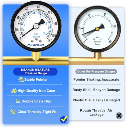 MEANLIN MEASURE 0-150Psi 2" DIAL FACE 1/8" NPT Well Pump Pressure Gauge, with 1/4" NPT and 3/8" NPT Hex Bushing, 3-2-3% Accuracy, Center Back Mount - color: 1/8"NPT Back Mount, size: 0-150Psi