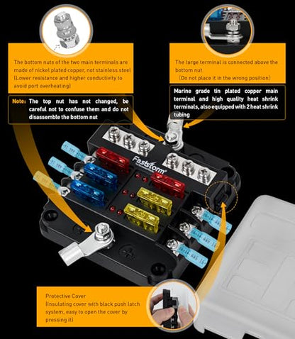 6 Way Fuse Block, Fuse Blocks 12 Volt Automotive with LED Indicator Water Resistant Marine Fuse Panel, Fuse Box 12V with 12 Blade Fuses for 12V/24V Auto Boat RV Golf Cart Truck Car Marine - color: 6 Way Fuse Block