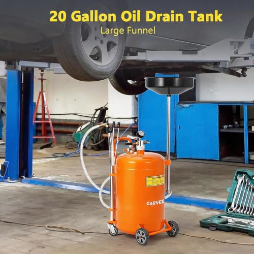 Garvee 20 Gallon Waste Oil Drain Tank, Portable Oil Drain Container, Air Operated Drainer, Fluid Fuel Transfer Drainage, Adjustable Funnel Height with Wheel &15'' Premium Bowl and a Toolbox - size: 20 Gallon - L Size - Orange