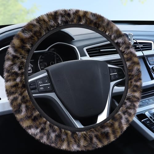 Accmor Fuzzy Steering Wheel Cover, Leopard Fluffy Car Wheel Cover for Women Men, Soft Furry Vehicle Steering Wheel Protector Warm Non-Slip Car Accessories 15 inch Universal Fit Auto, Suvs, Truck - color: Style A/Brown Leopard