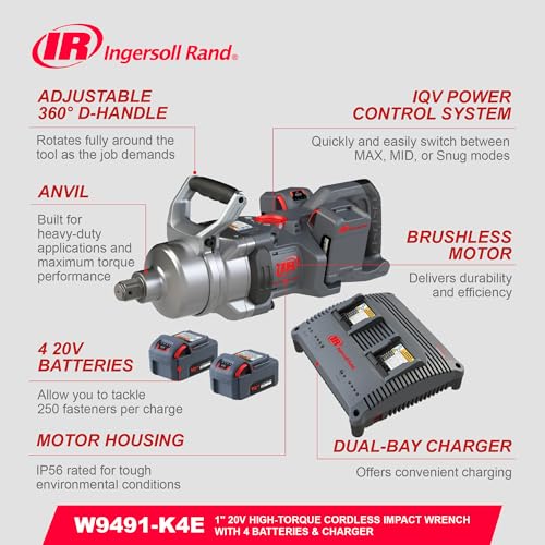Ingersoll Rand W9491-K4E Cordless 1" High-Torque Impact Wrench Kit, Includes 4 BL2022 5.0Ah Batteries and Dual-Bay Charger - size: Standard Anvil, style: 4 Battery Kit