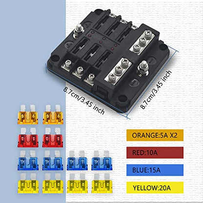 12V Fuse Block, Waterproof 6 Way Fuse Box with LED Indicator for 12V/24V Automotive Golf Cart Truck Car Boat Marine RV Motorcycle - color: 6 Way Fuse Box