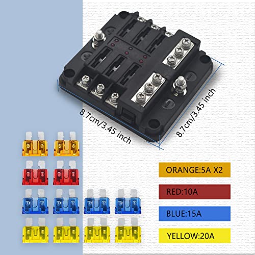 12V Fuse Block, Waterproof 6 Way Fuse Box with LED Indicator for 12V/24V Automotive Golf Cart Truck Car Boat Marine RV Motorcycle - color: 6 Way Fuse Box