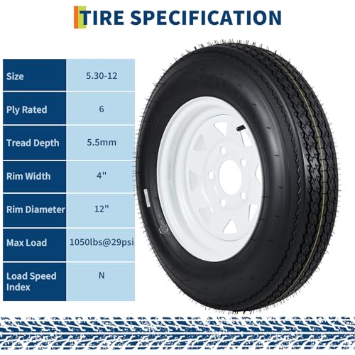 Durable Trailer Tires and 5-Lug Wheels Set - 5.30-12, Load Range C, 6PR, White Rim Assembly for Utility, Boat, Camper Trailers - 12-Inch, PCD 114.3x5, Center Hole 72mm - size: 5.30-12 5 lug