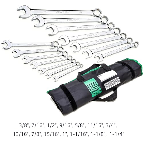 Steel Vision Pro 14-Piece SAE Combination Wrench Set - Heavy Duty CR-V Steel, Mirror Polished, Anti-Rust, 12-Point Openings, Includes Organizer Bag (Sizes 3/8 to 1-1/4 Inch)