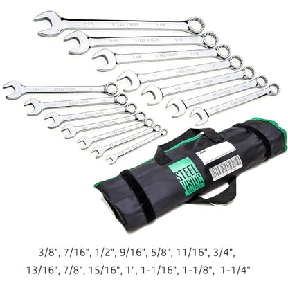 Steel Vision Pro 14-Piece SAE Combination Wrench Set - Heavy Duty CR-V Steel, Mirror Polished, Anti-Rust, 12-Point Openings, Includes Organizer Bag (Sizes 3/8 to 1-1/4 Inch)