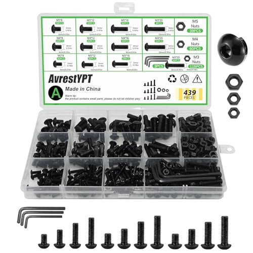 439PCS Metric Bolt and Nut Assortment Kit - M3 M4 M5 Machine Screws with Lock & Flat Washers, Grade 10.9 Alloy Steel Hex Socket Button Head Silver Screw Set for Hardware, 3D Printer, and DIY Projects - color: Black Size: 439Pcs