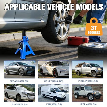 3 Ton Jack Stands Heavy Duty 6,600 LBs, Car Jack Stand for Trucks with Double Pin Locking & Extra Rubber Pads, 11.3"-16.5" Adjustable for Garage, Home,DIY Vehicle Lifting, 1 Pair Blue