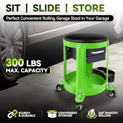 Auto Dynasty Mechanic Stool Chair w/Tool Tray & Rotatable Seat, Green - color: Green