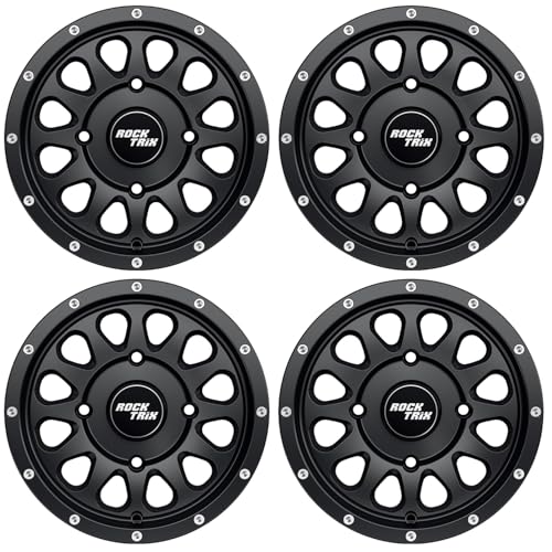 RockTrix RT111 12x7 ATV UTV Wheel 4x110 5+2 Offset, Matte Black, 4pc Set - size: 12x7 (5+2) 4pc