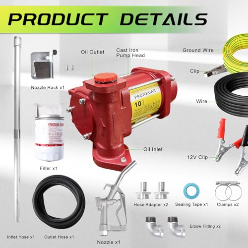 10GPM 12V Fuel Transfer Pump with Manual Nozzle, Particulate Filter，Cast Iron Heavy Duty for Gasoline Diesel Kerosene Biodiesel