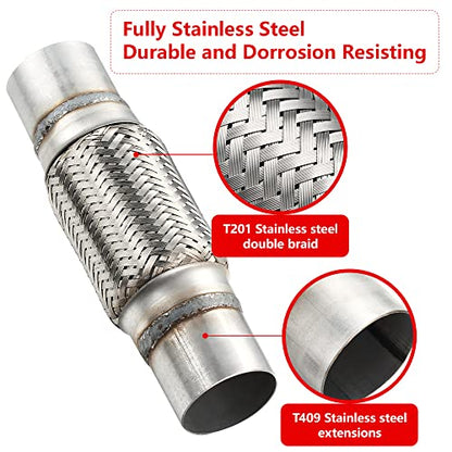 Exhaust Flex Pipe, 2.25''x 6''Stainless Steel Heavy Duty Exhaust Flex Pipe, Double Braid Exhaust Flex Tube, Overall Length 10'' - size: 2.25''x6''x10'', style: 1 PC