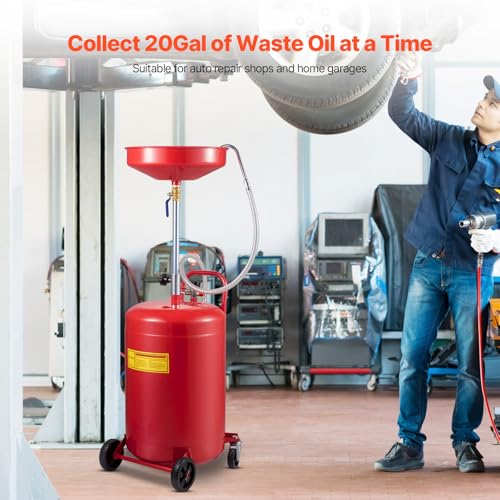 VEVOR 20-Gallon Waste Oil Drain Tank, Air Operated Portable Oil Drainer with Adjustable Funnel Height, Fluid Fuel Transfer Drainage with Wheels, Oil Change Container for Auto Repair Shops, Garages - size: 15.7 x 15.2x 65 in