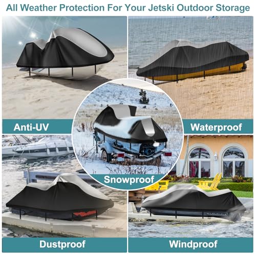 Jet Ski Cover 420D Waterproof for Yamaha Sea-Doo, 115"-120" 3 Seater PWC - color: Silver-420-D, size: XL-115"-120"
