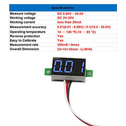 Pack of 5 DC 0-30V Digital Voltmeter, 3-Wire Voltage Gauge, Blue LED
