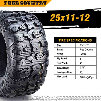 Free Country Set2 Premium ATV Tire 25x11-12 25x11x12 8PR w/Side Scuff Guard - size: 25X11-12