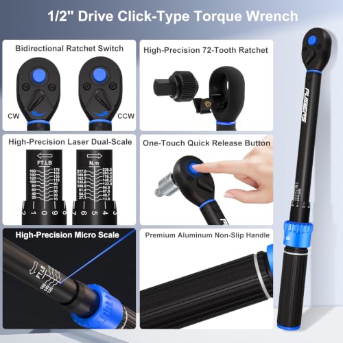 1/2-Inch Drive Torque Wrench Set, 10-170 ft-lb Dual Scale - size: 1/2" 10-170 FT.LB - 22 Pcs