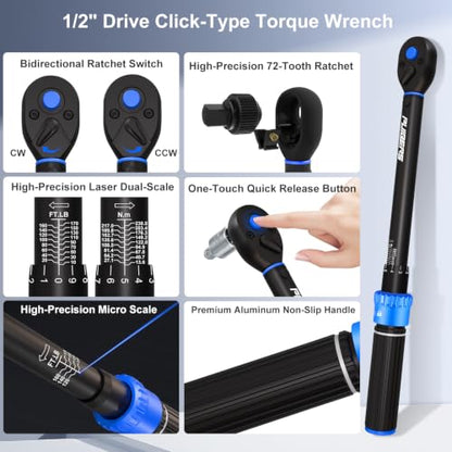 1/2-Inch Drive Torque Wrench Set, 10-170 ft-lb Dual Scale - size: 1/2" 10-170 FT.LB - 22 Pcs