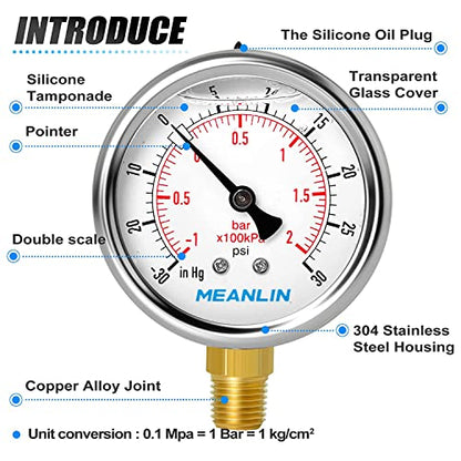 MEANLIN MEASURE -30inHG~30Psi Stainless Steel 1/4" NPT 2.5" FACE DIAL Vacuum Pressure Gauge, Lower Mount (Pack of 2), with 1/2" NPT and 3/8" NPT Hex Bushing - size: -30inHG-30Psi (2Pcs)